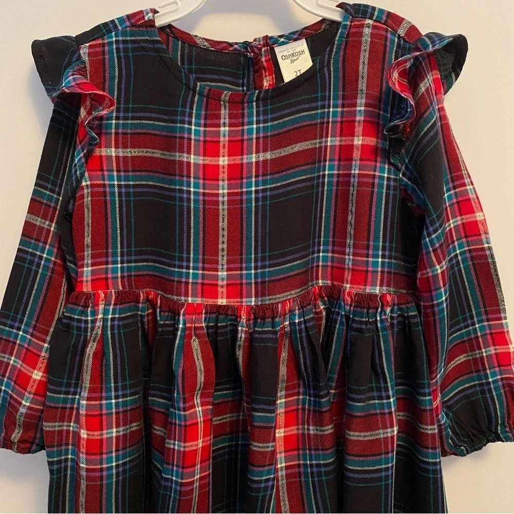 OshKosh B'gosh Toddler Girls Plaid Long Sleeve Shoulder Ruffle Dress Size 2T